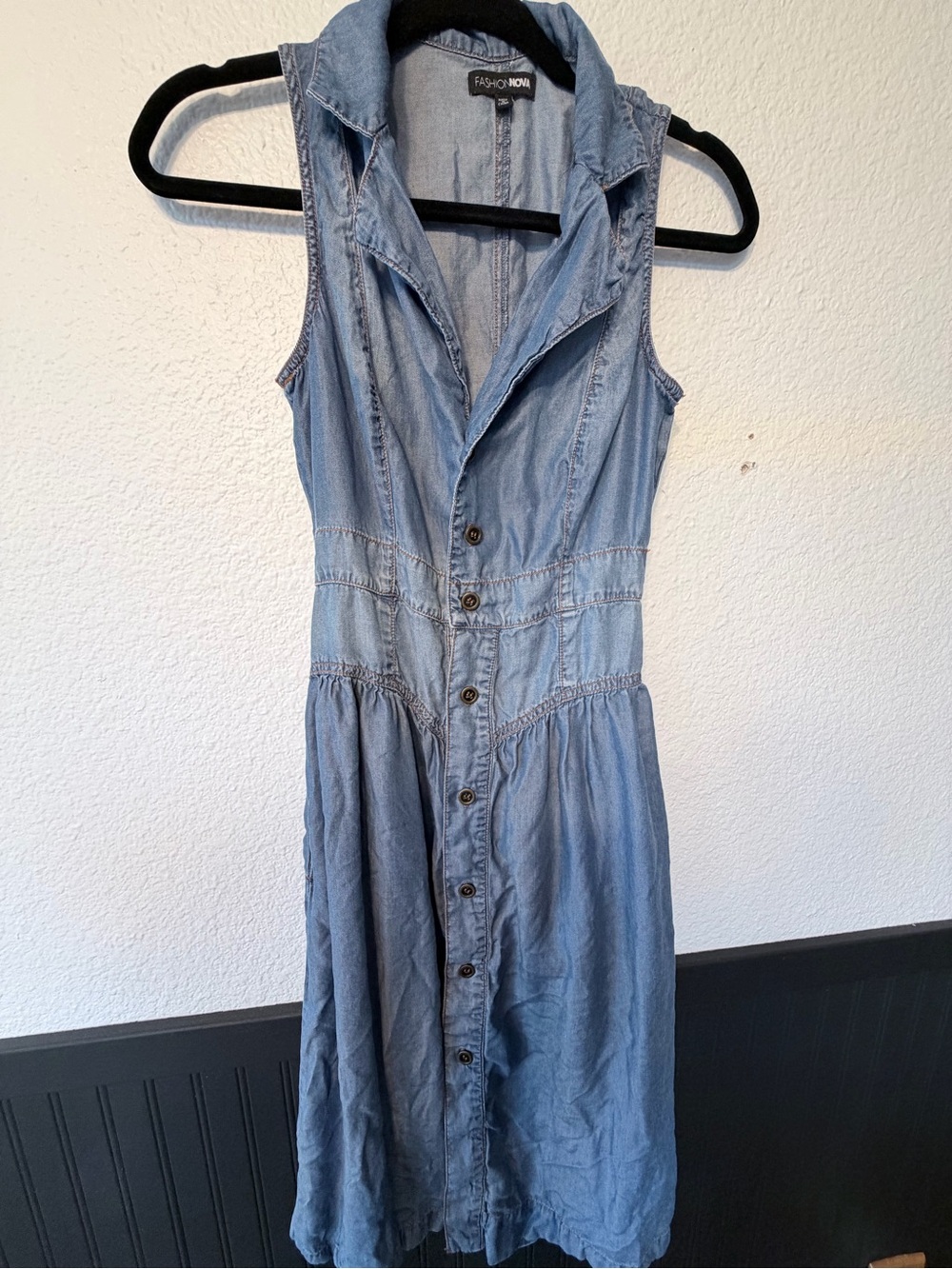 Fashion Nova Light Blue Sleeveless Denim Midi Dress
